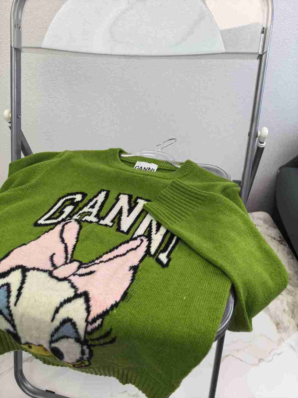 GANNI Crewneck Knitted Sweater Green Daisy Duck Cartoon Logo Cropped Top - Picture 4 of 6